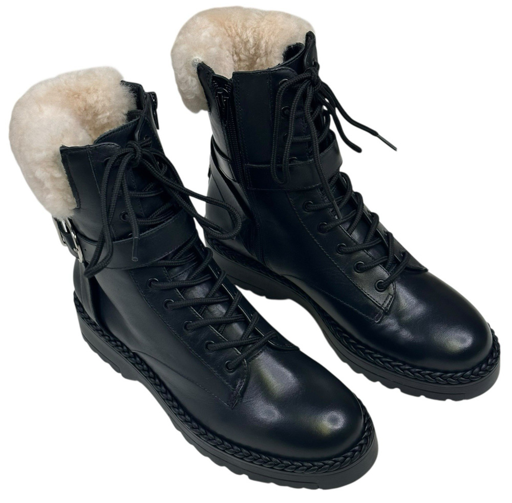 BCBG Maxazria Helina Black Leather Combat Boots Size 6.5 Faux Shearling New $298